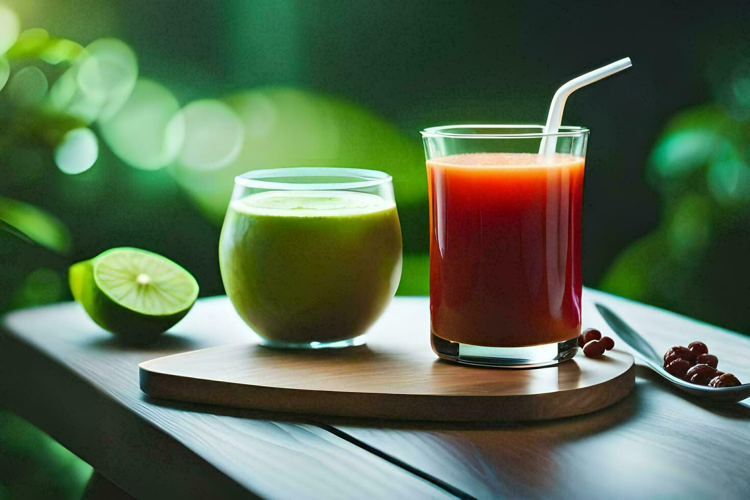 dois óculos do suco em uma mesa. gerado por IA foto