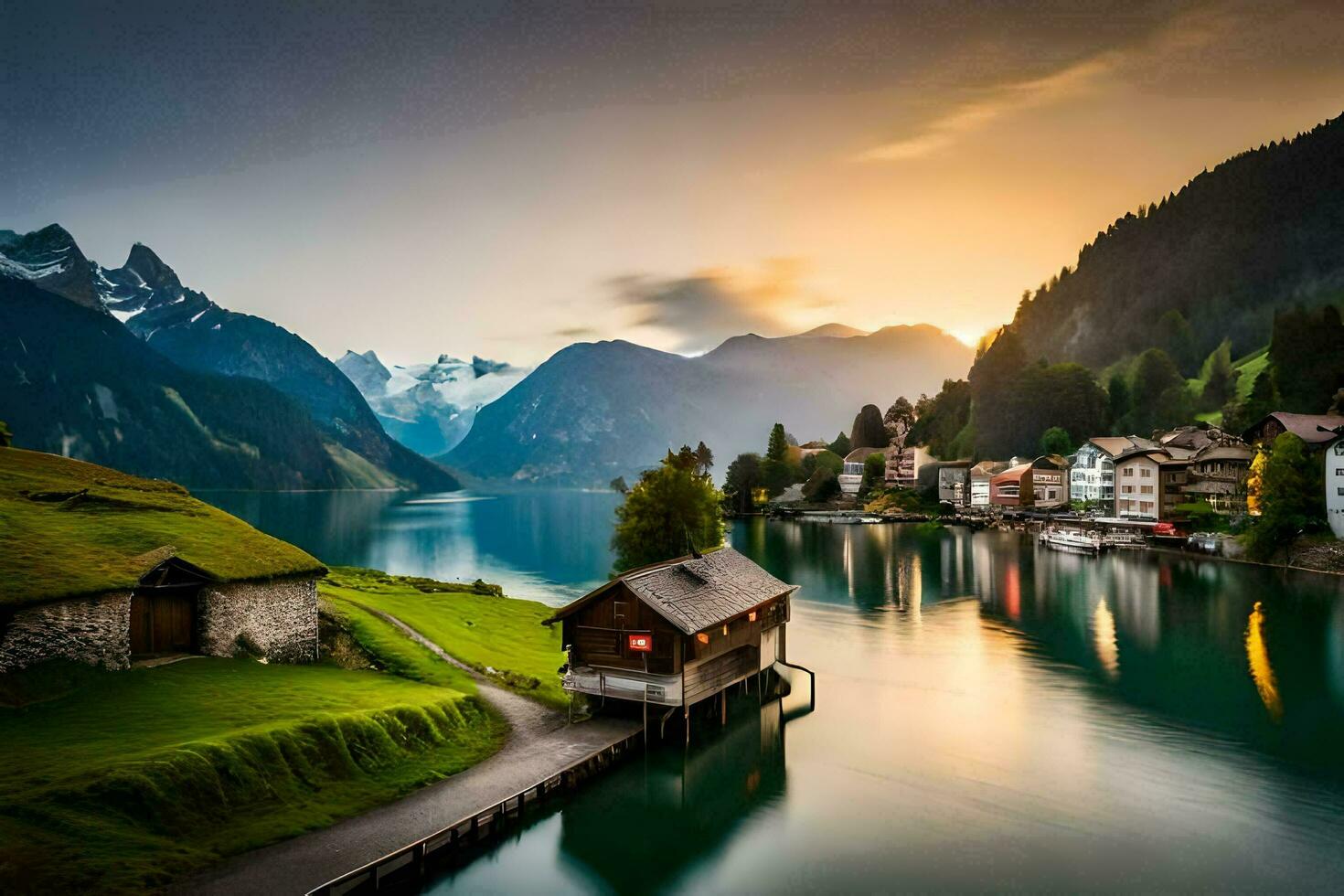 uma lago e casas dentro a montanhas às pôr do sol. gerado por IA foto