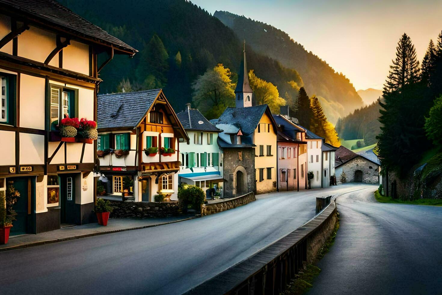 uma lindo Vila rua dentro a montanhas. gerado por IA foto