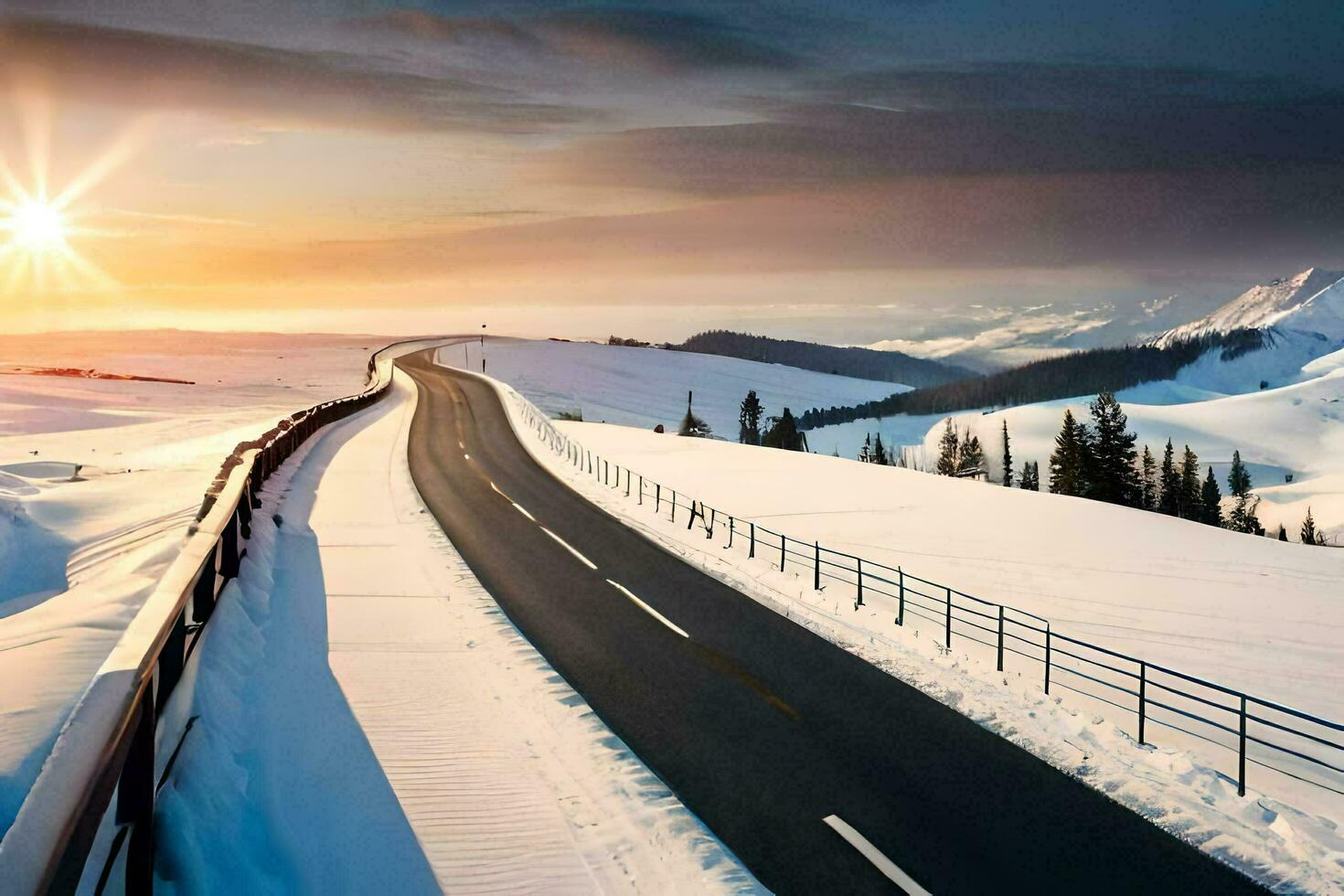 inverno estrada dentro a montanhas. gerado por IA foto