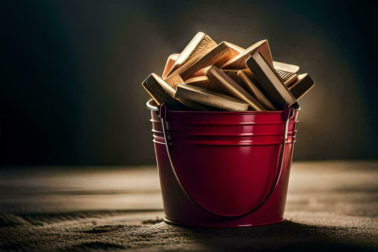 uma balde preenchidas com de madeira salgadinhos. gerado por IA foto