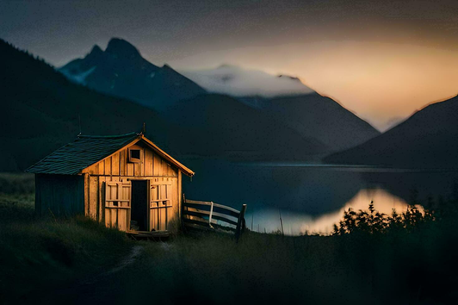 uma pequeno de madeira cabana senta em a lado do uma lago às pôr do sol. gerado por IA foto