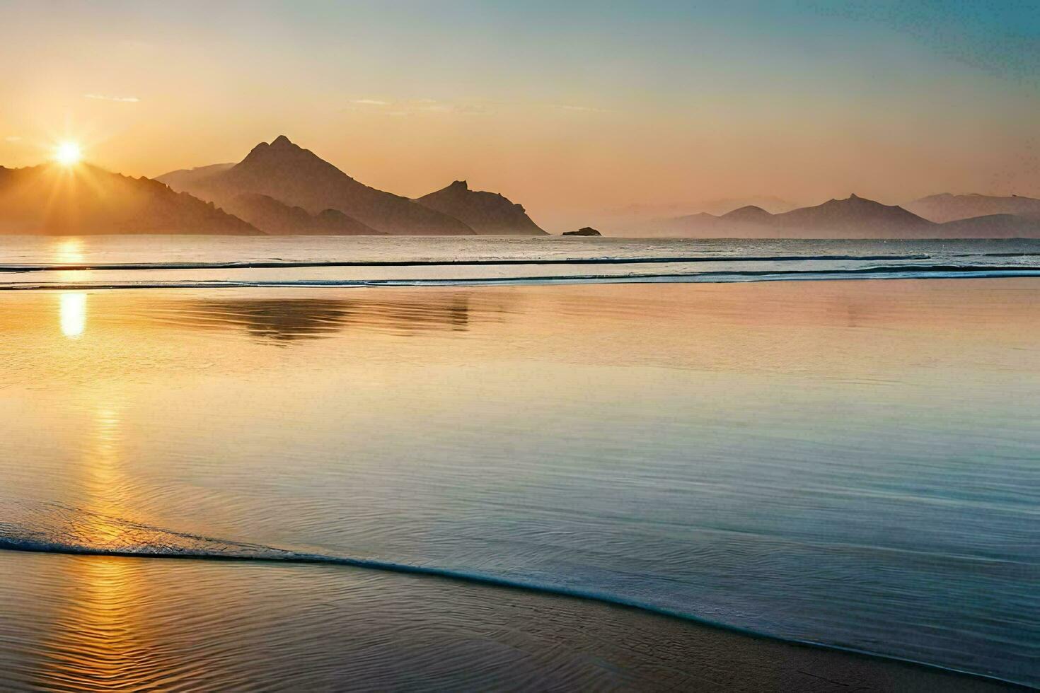 a Sol sobe sobre a oceano e montanhas. gerado por IA foto