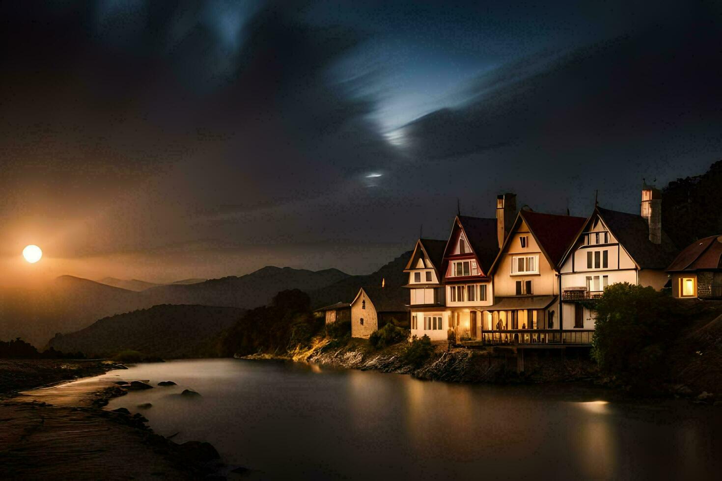 uma casa de a rio às noite. gerado por IA foto
