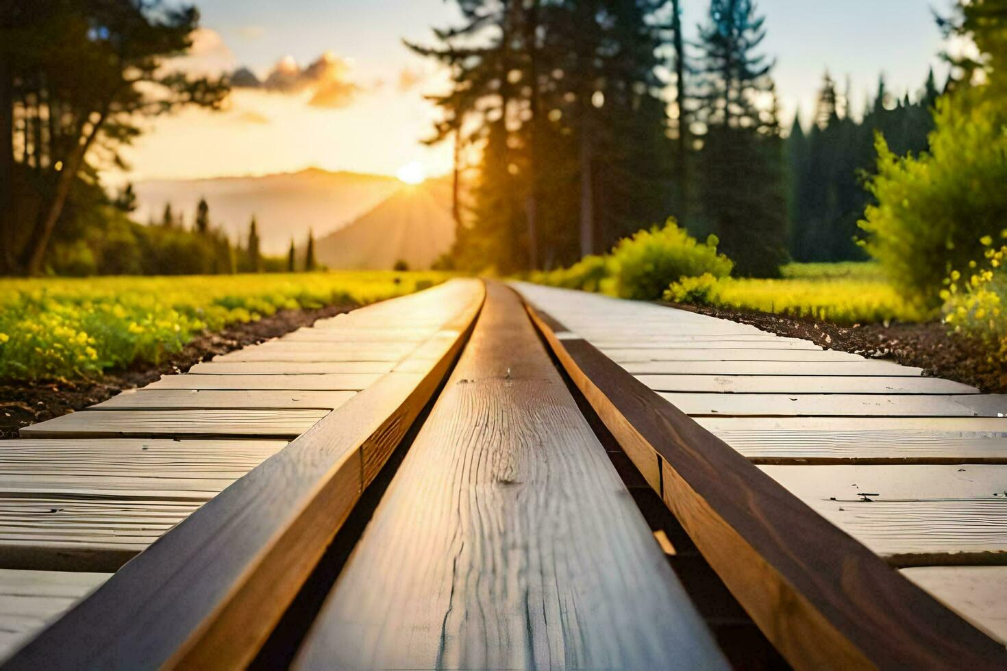 uma de madeira rastrear conduzindo para a Sol dentro a meio do uma campo. gerado por IA foto