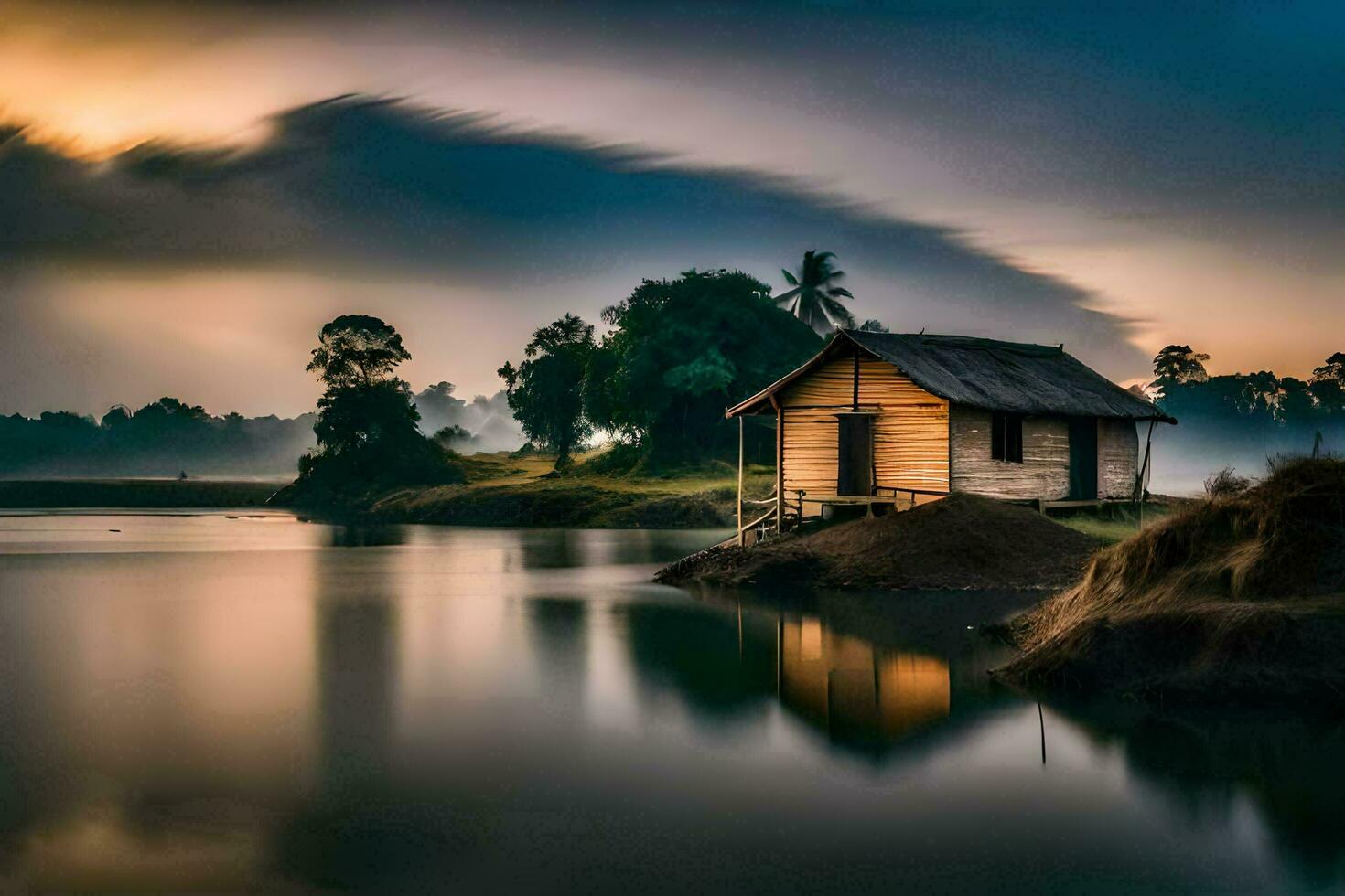 uma pequeno casa senta em a costa do uma lago às pôr do sol. gerado por IA foto