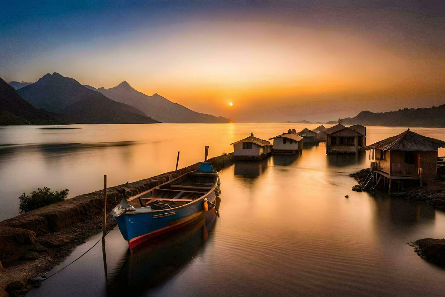 barcos ancorado às a costa do uma lago às pôr do sol. gerado por IA foto