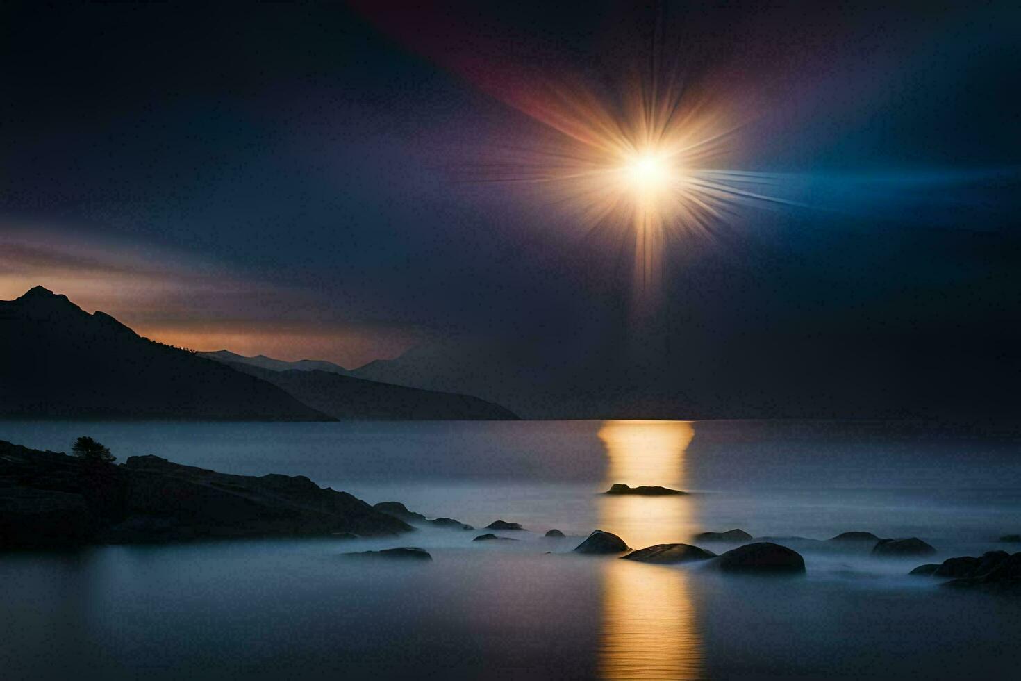 a Sol brilha sobre a oceano e pedras. gerado por IA foto