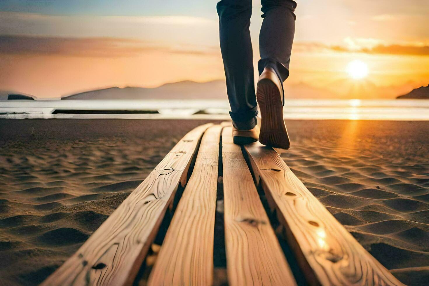 uma pessoa caminhando em uma de madeira calçadão às pôr do sol. gerado por IA foto