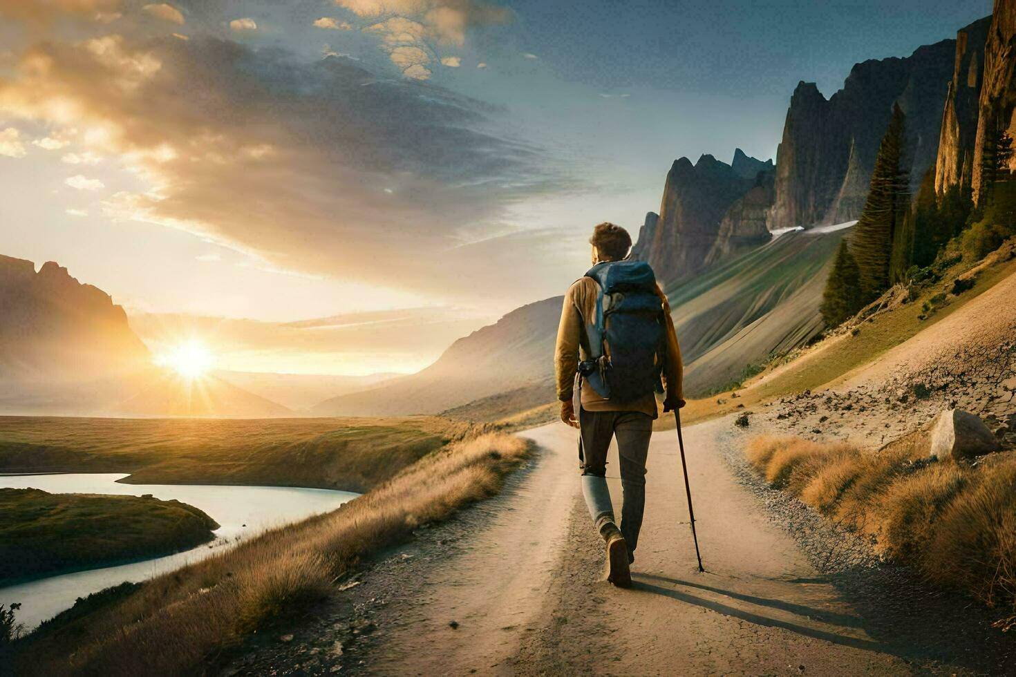 uma homem com uma mochila caminhando em uma estrada dentro a montanhas. gerado por IA foto