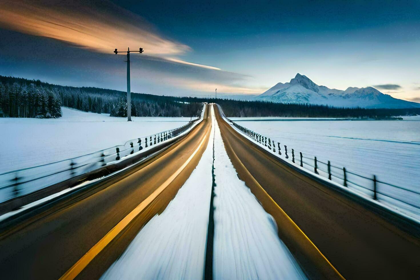 uma grandes exposição foto do uma estrada dentro a neve. gerado por IA