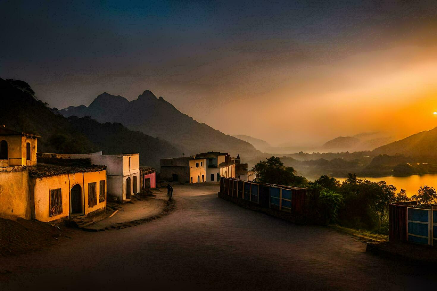 foto papel de parede a céu, montanhas, a sol, a montanhas, a Vila, a Vila,. gerado por IA