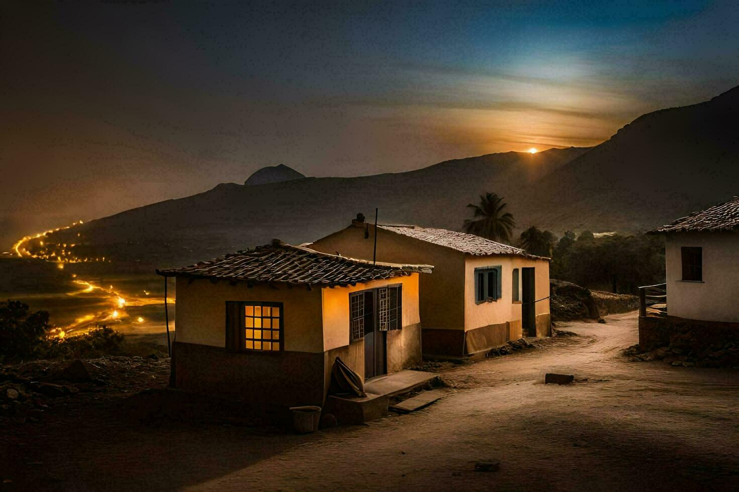 uma pequeno Vila às noite com a Sol configuração atrás isto. gerado por IA foto