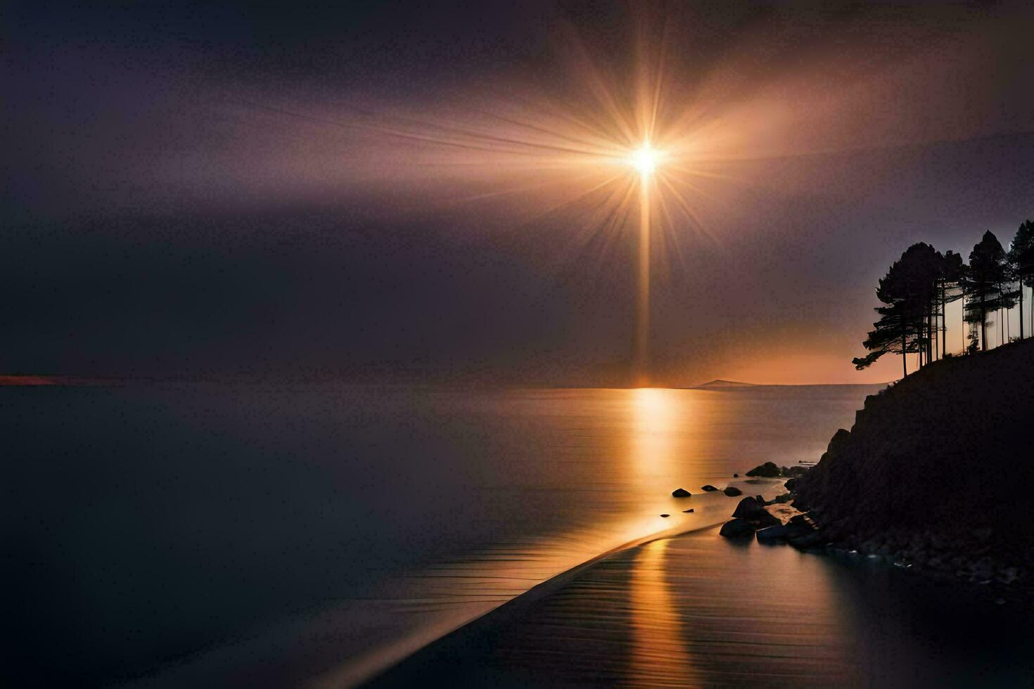 uma brilhante Sol brilha sobre a oceano e árvores gerado por IA foto