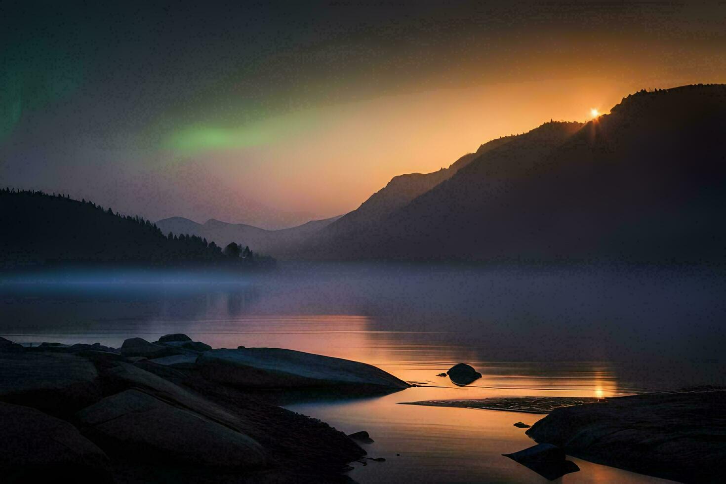 a Sol sobe sobre uma lago e montanhas dentro a fundo. gerado por IA foto