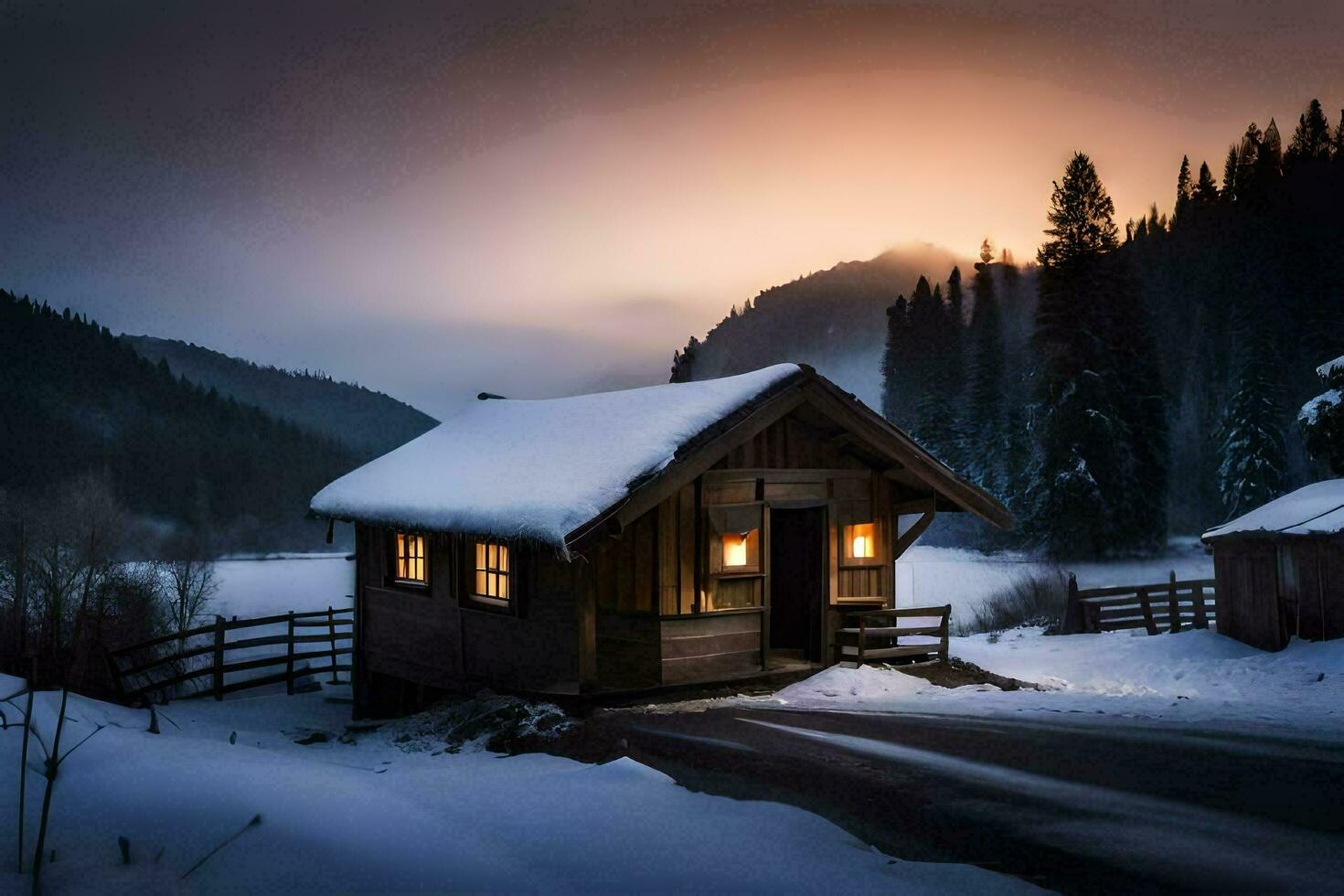 foto papel de parede a céu, neve, montanhas, cabine, pôr do sol, a casa, a montanhas,. gerado por IA
