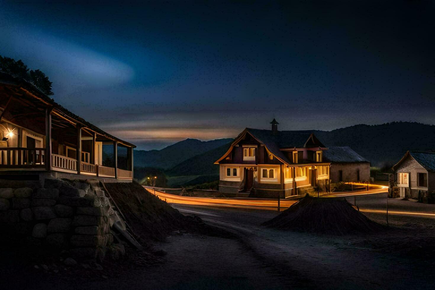 uma casa às noite com uma grandes exposição. gerado por IA foto