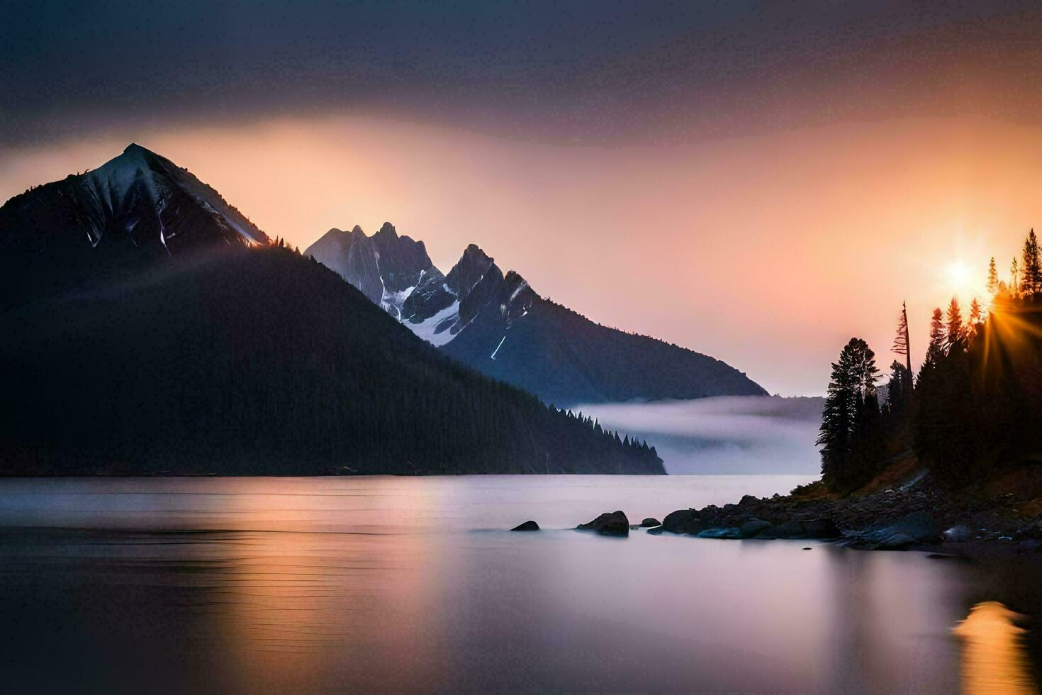 a Sol sobe sobre uma montanha alcance e lago. gerado por IA foto