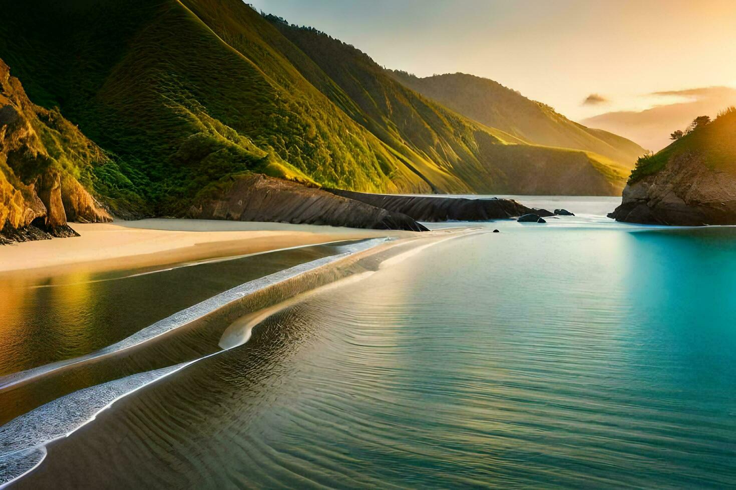 uma lindo de praia com uma montanha dentro a fundo. gerado por IA foto