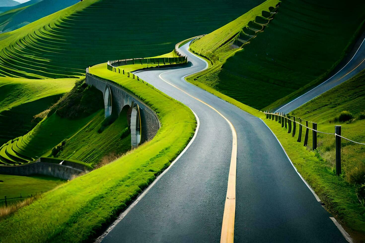 uma enrolamento estrada dentro a meio do uma verde colina. gerado por IA foto