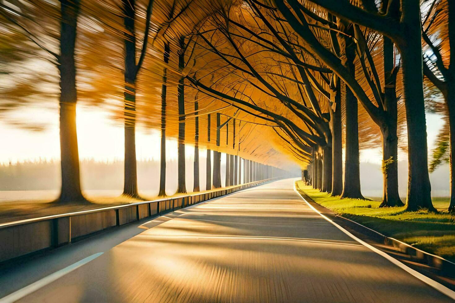uma grandes estrada com árvores dentro a fundo. gerado por IA foto