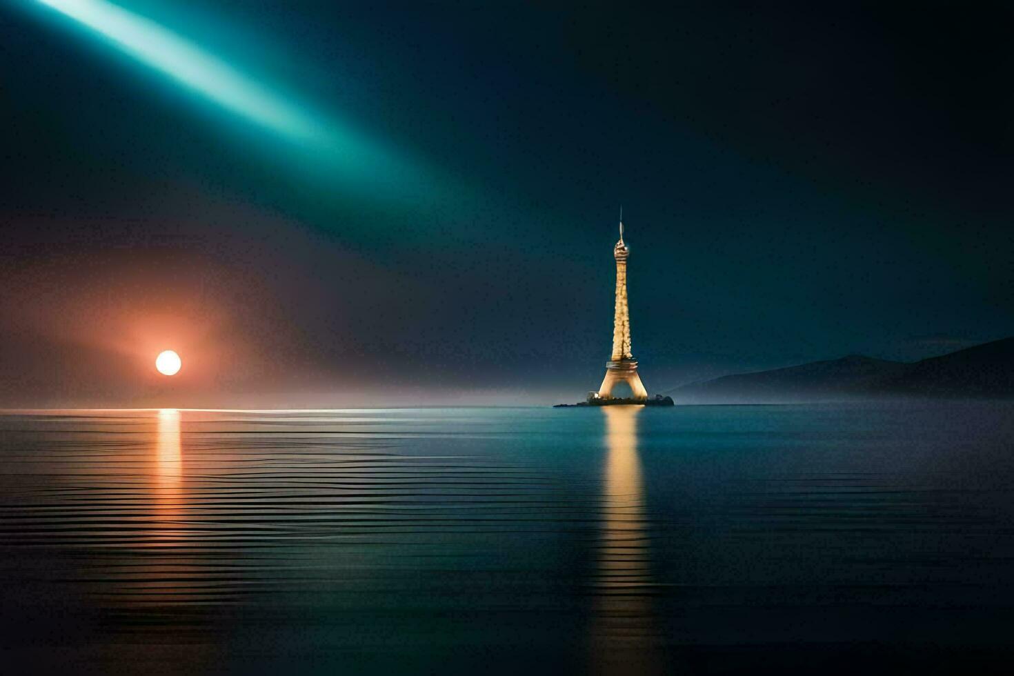 uma torre dentro a meio do a oceano às noite. gerado por IA foto