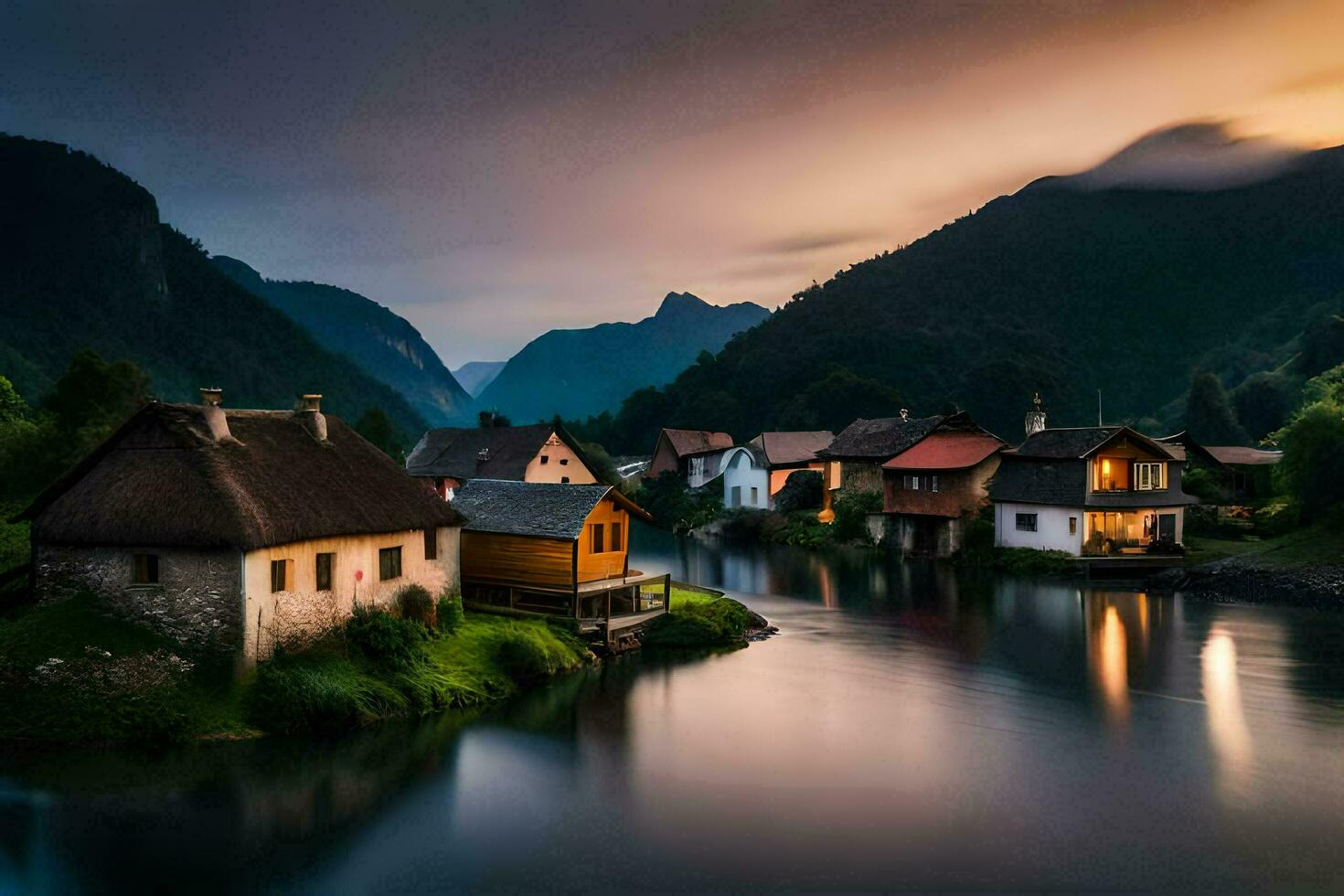 foto papel de parede a céu, montanhas, água, casas, rio, pôr do sol, Eslovénia,. gerado por IA