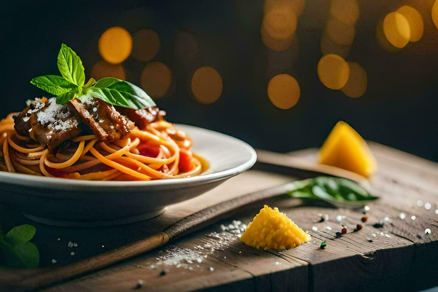 espaguete com carne e tomate molho em uma de madeira mesa. gerado por IA foto