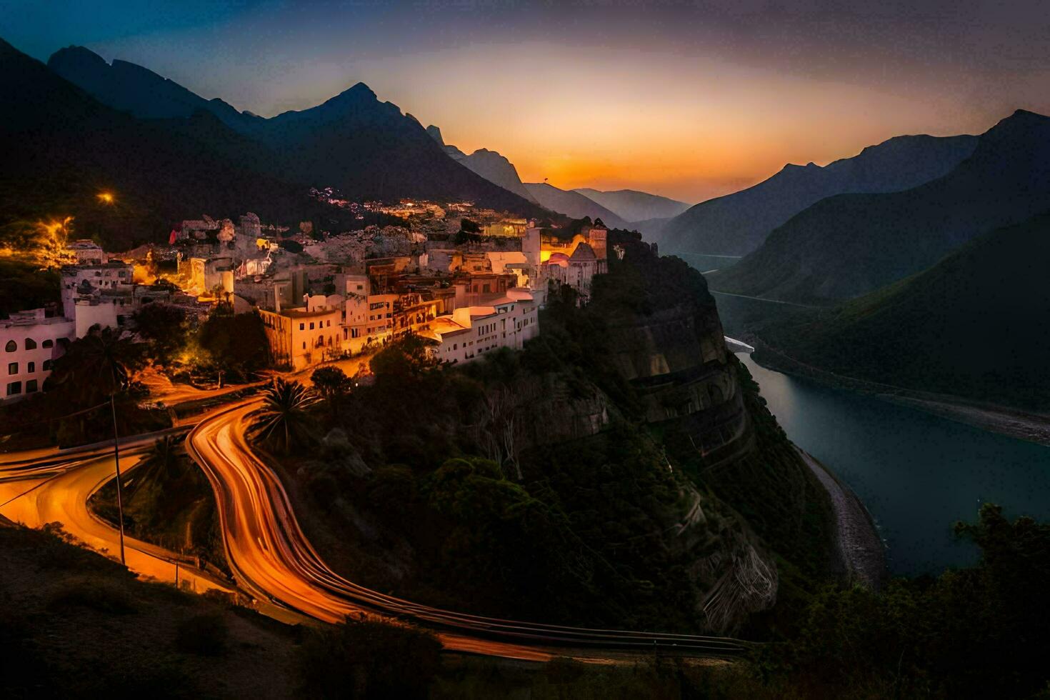 a cidade do pessoa às crepúsculo. gerado por IA foto