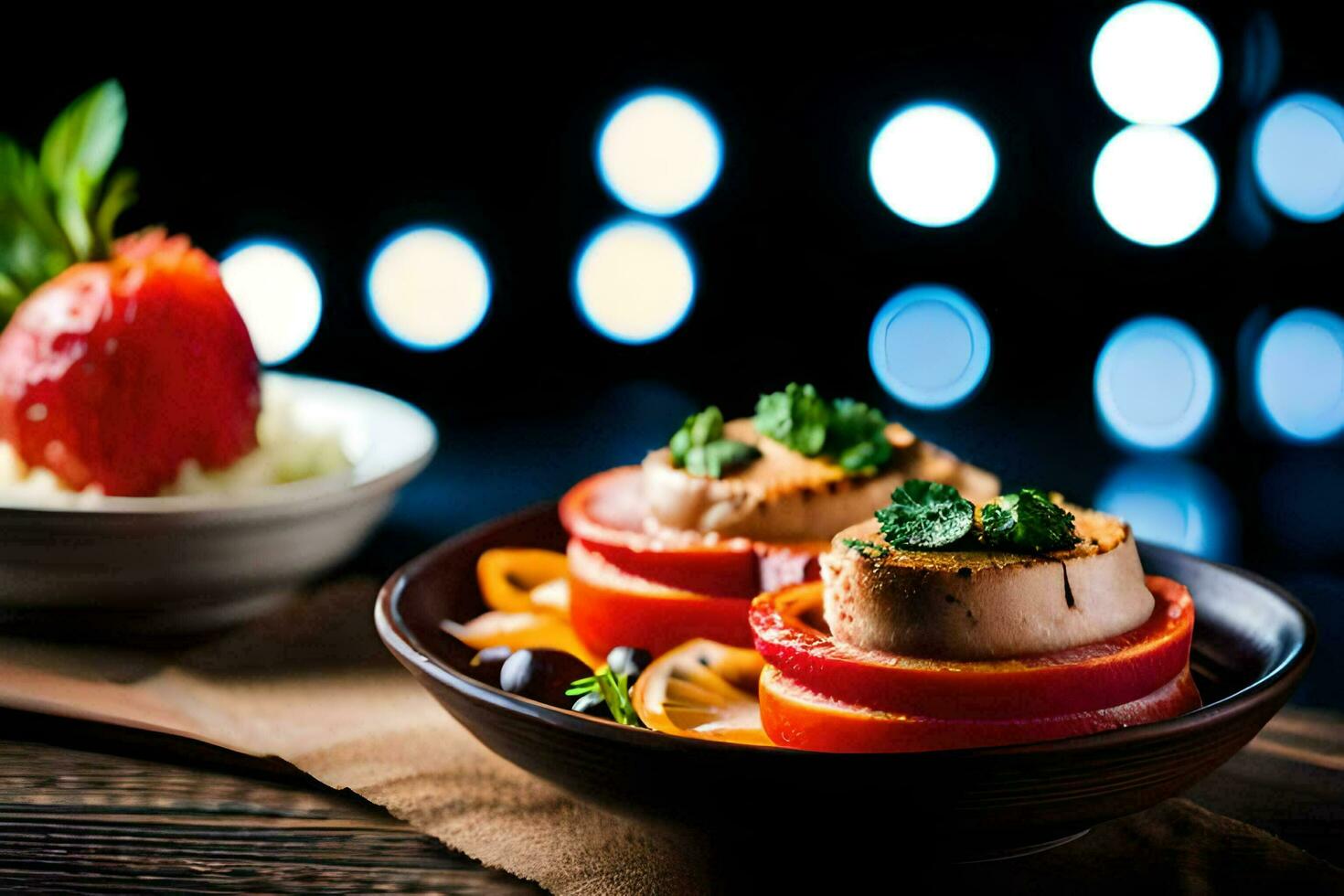 uma prato do Comida com tomates e eu no. gerado por IA foto