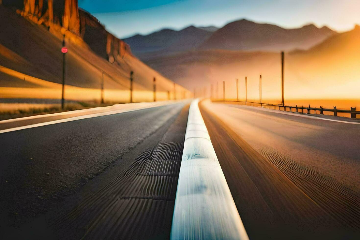 uma grandes esvaziar estrada com a Sol configuração dentro a fundo. gerado por IA foto