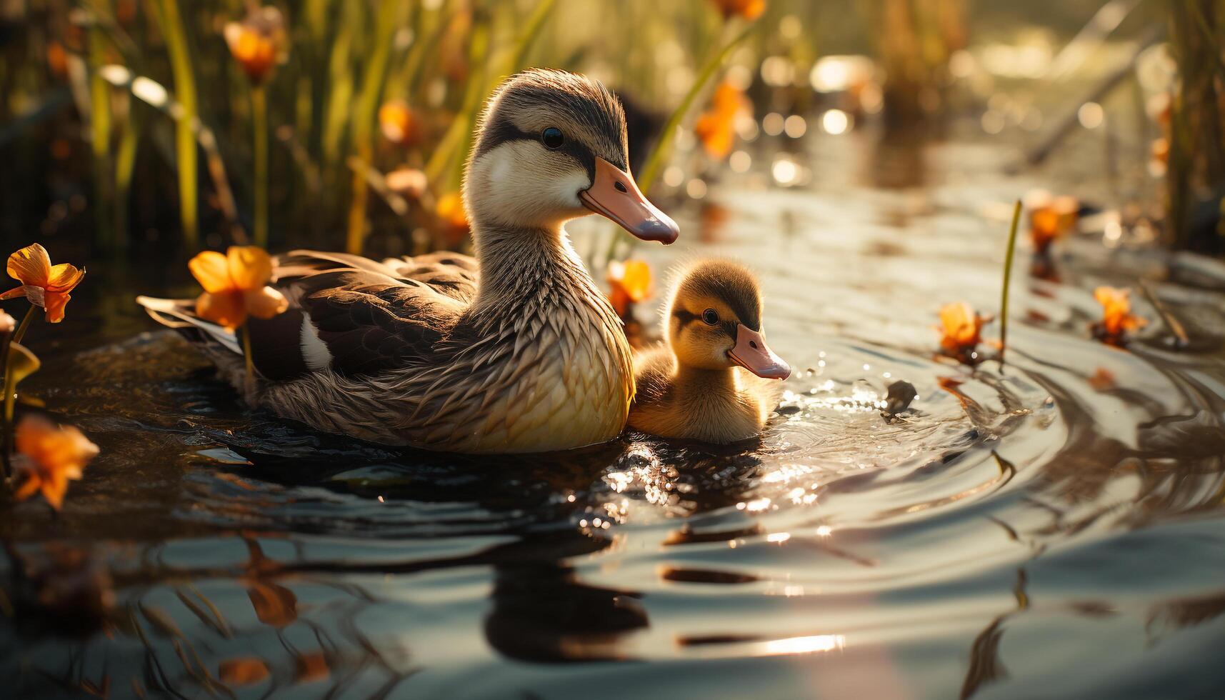 jovem patinho dentro natureza, refletindo beleza dentro água, cercado de verde Relva gerado de ai foto