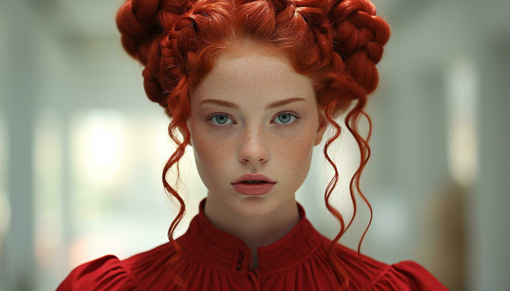 1 lindo ruiva mulher olhando às Câmera, elegante e elegante gerado de ai foto