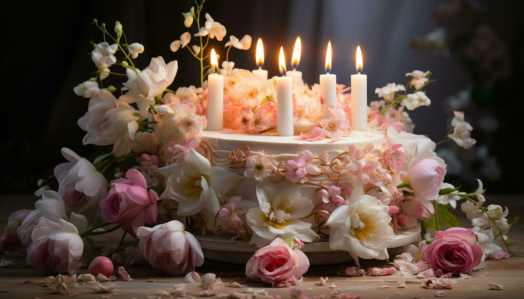 romântico Casamento mesa com flor ramalhete, luz de velas, e chocolate sobremesa gerado de ai foto