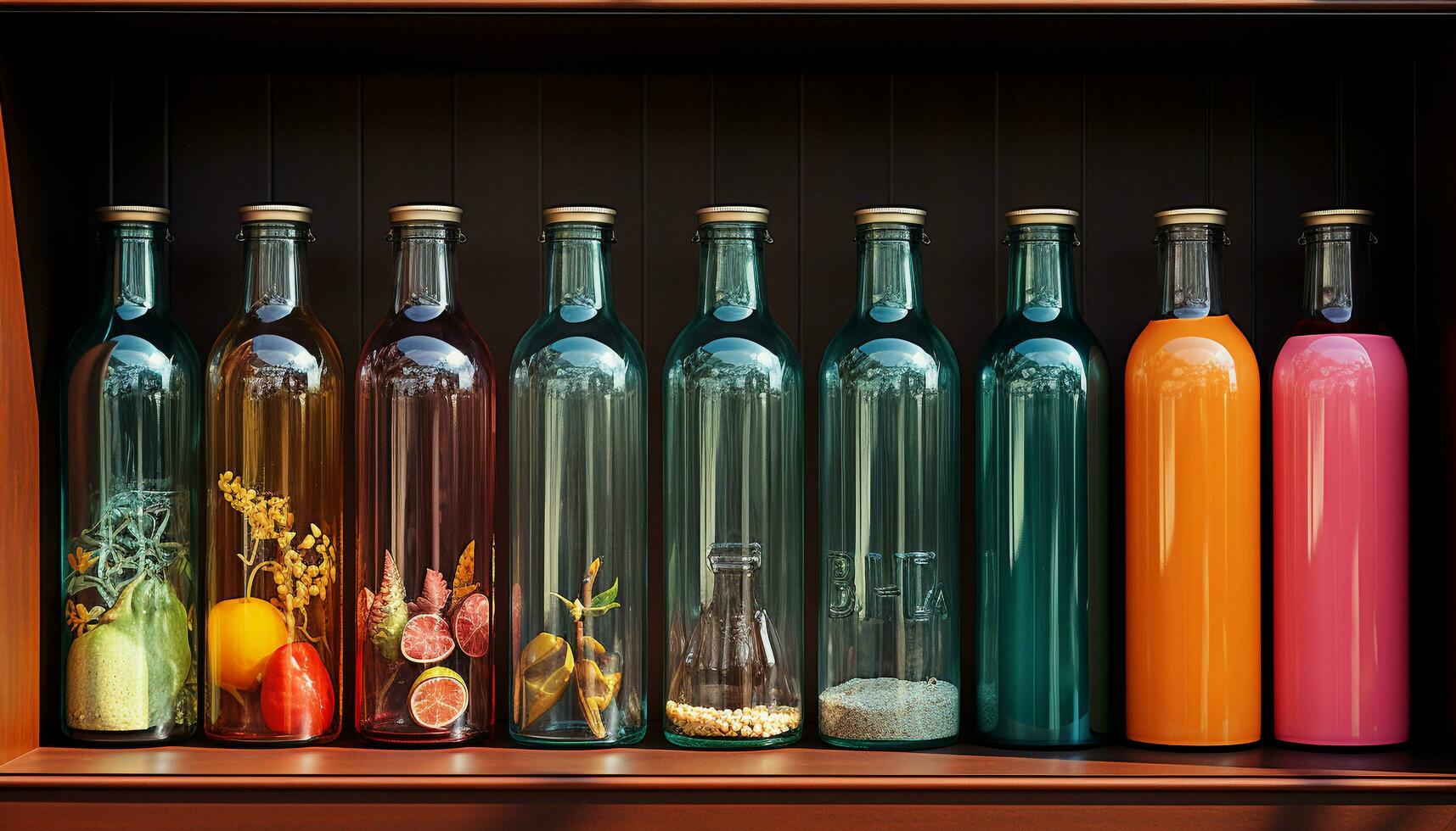 uma coleção do colorida vidro garrafas, fresco remédio e beber gerado de ai foto