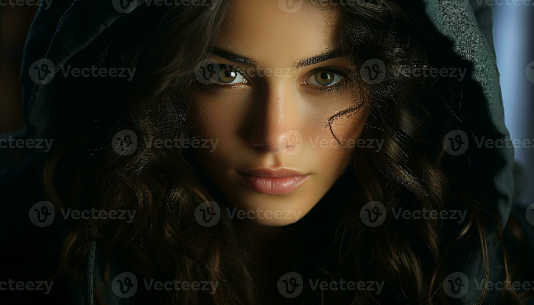 uma lindo jovem mulher com grandes Castanho cabelo olhando às Câmera gerado de ai foto