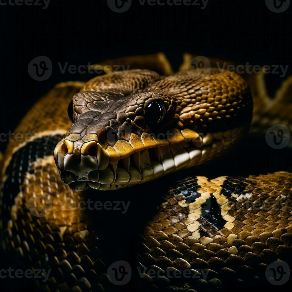 fechar-se estúdio retrato do anaconda serpente em Preto fundo, generativo ai foto