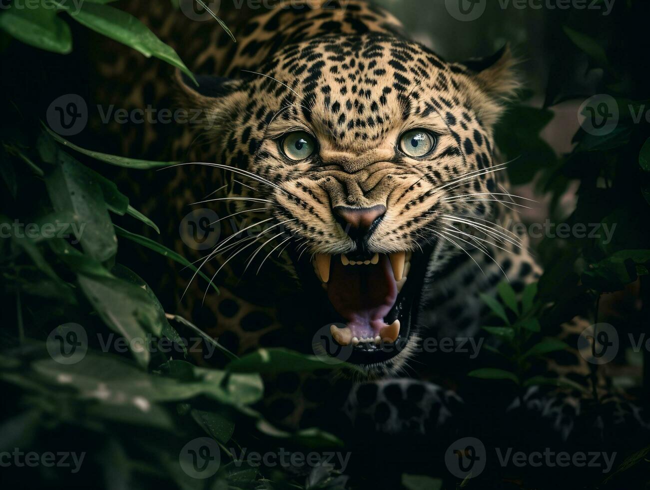 detalhado fechar acima retrato do uma rugindo leopardo, generativo ai foto