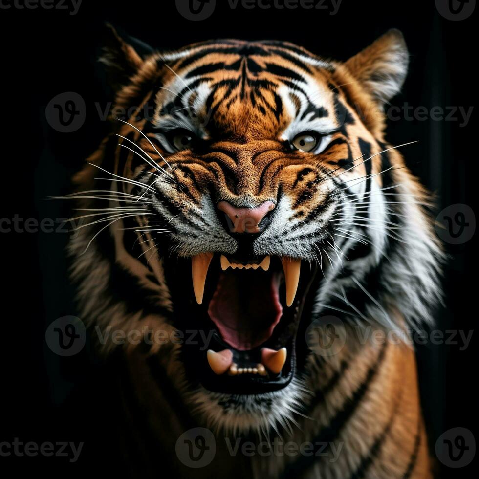 detalhado fechar acima retrato do rugindo tigre animal em Preto fundo, generativo ai foto