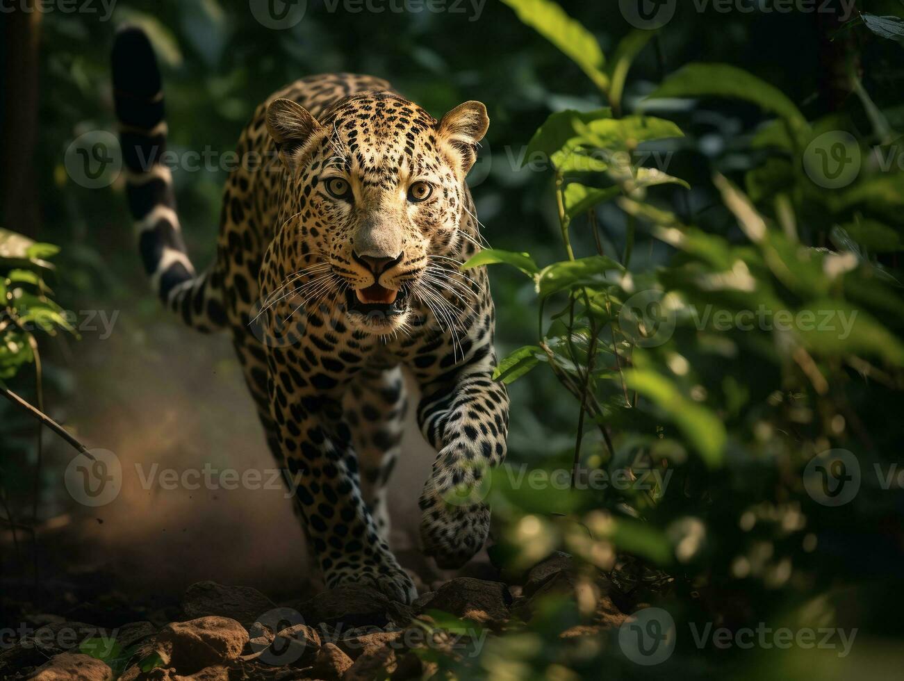 leopardo retrato correndo, perseguindo, predando, generativo ai foto