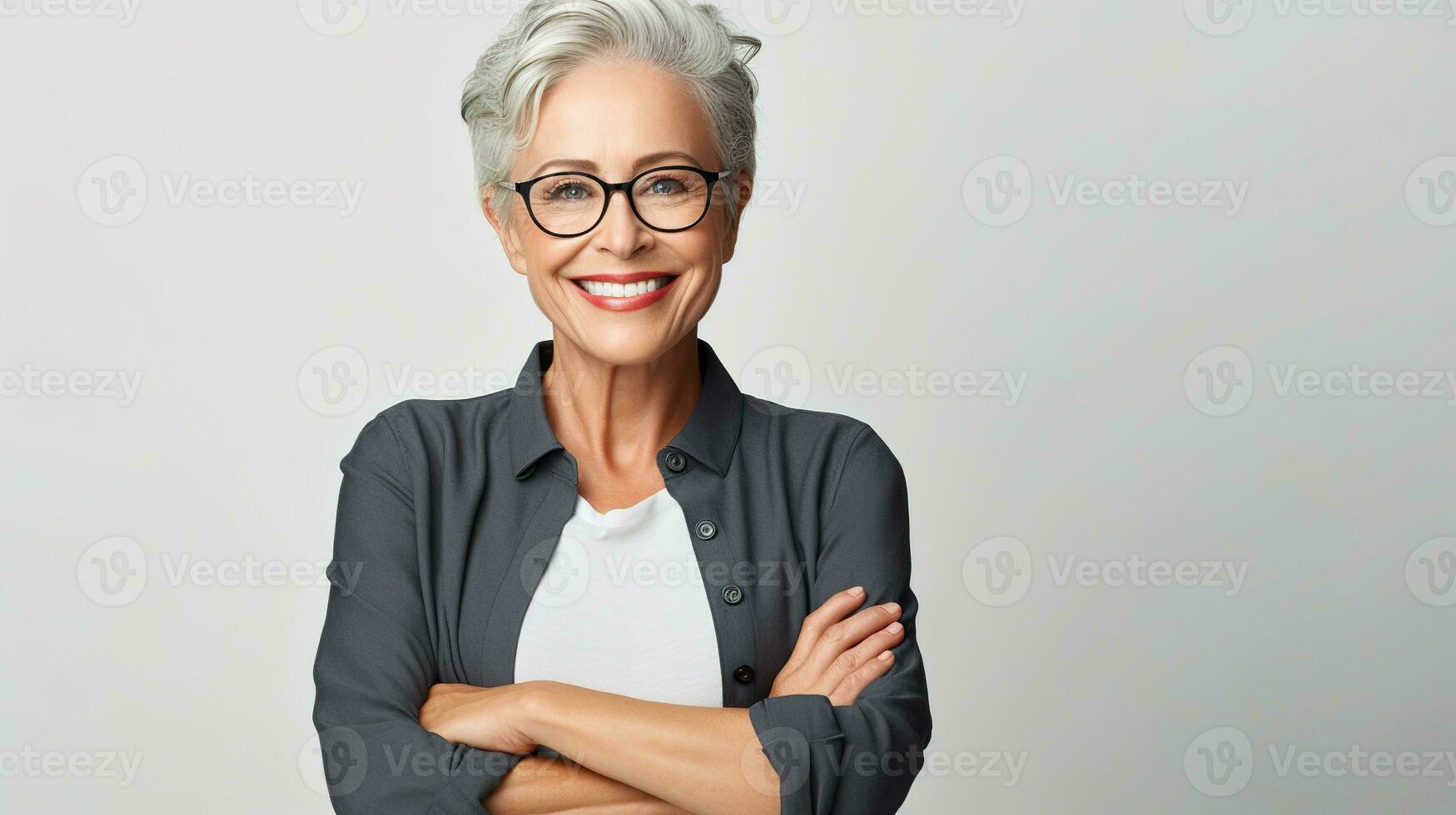 uma mulher com óculos e uma cinzento cabelo. ai generativo foto