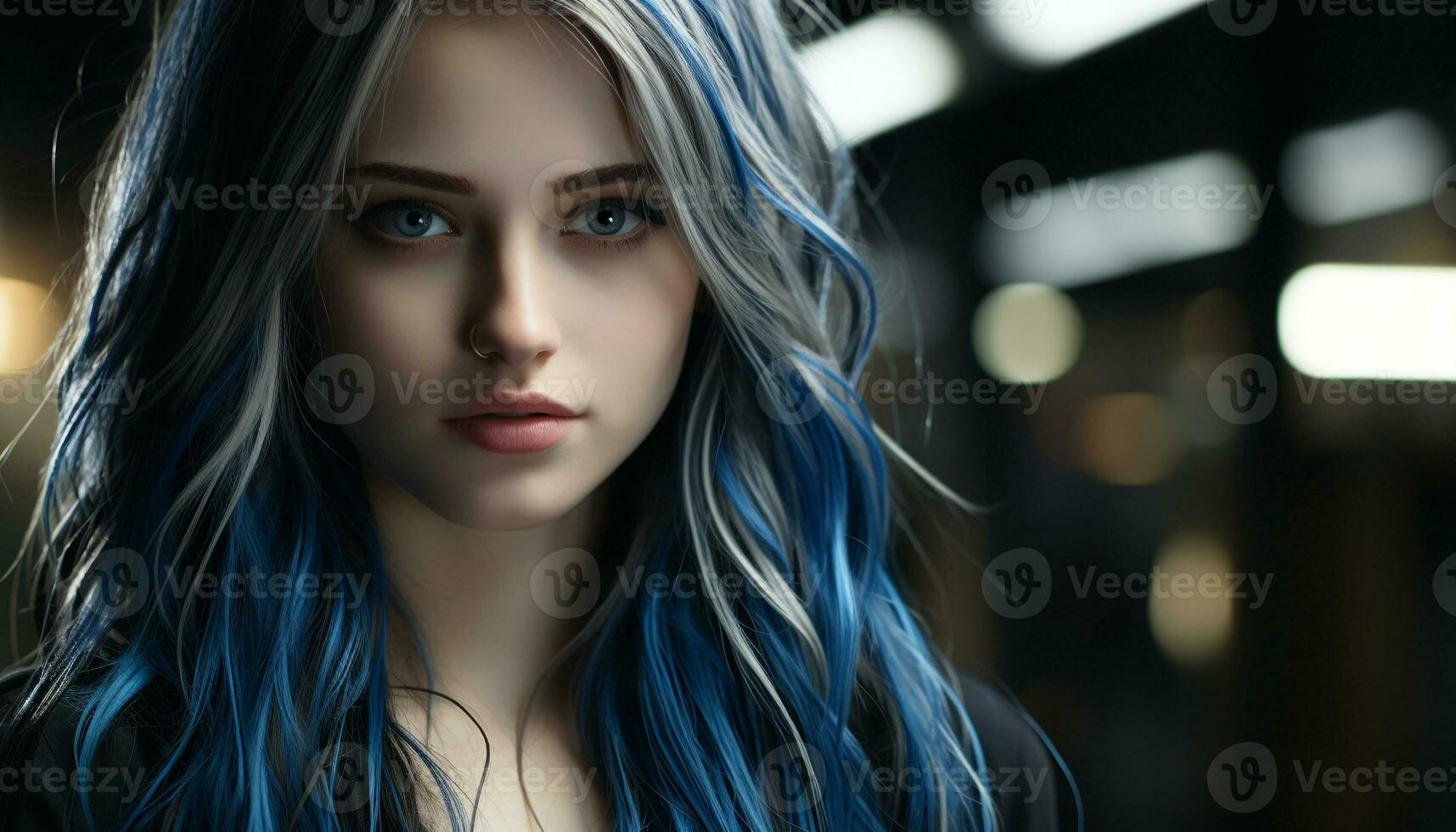 uma lindo jovem mulher com grandes loiro cabelo e azul olhos gerado de ai foto