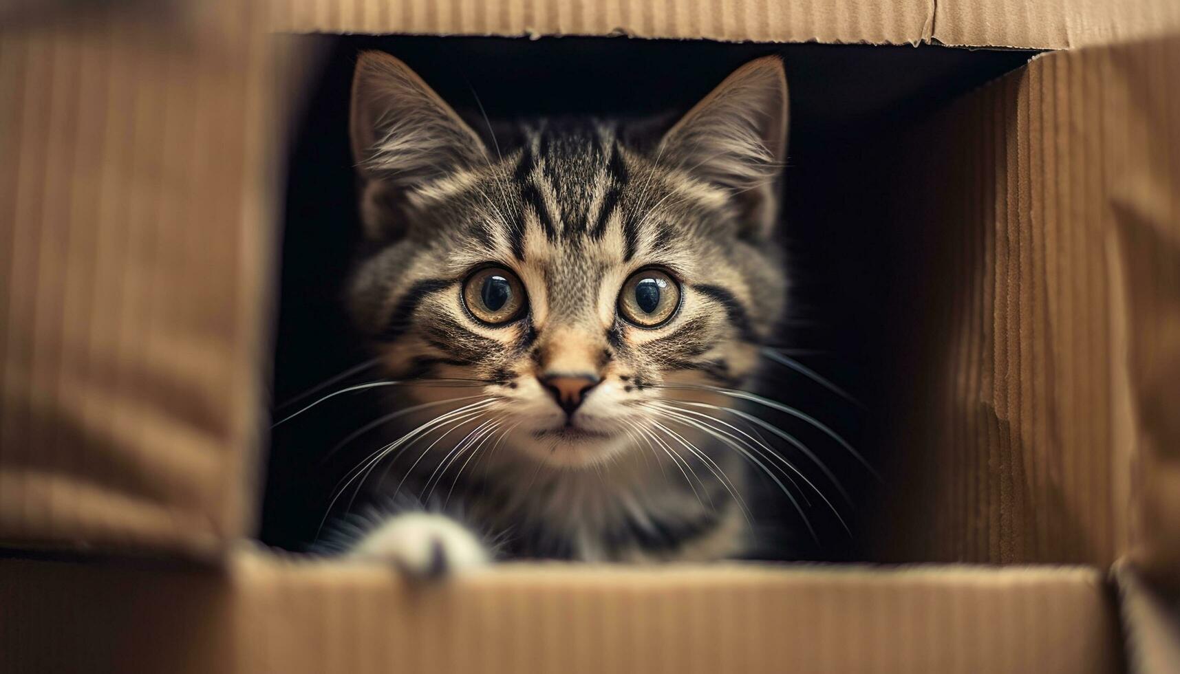 fofa gatinho se escondendo dentro uma caixa, encarando com curiosidade gerado de ai foto