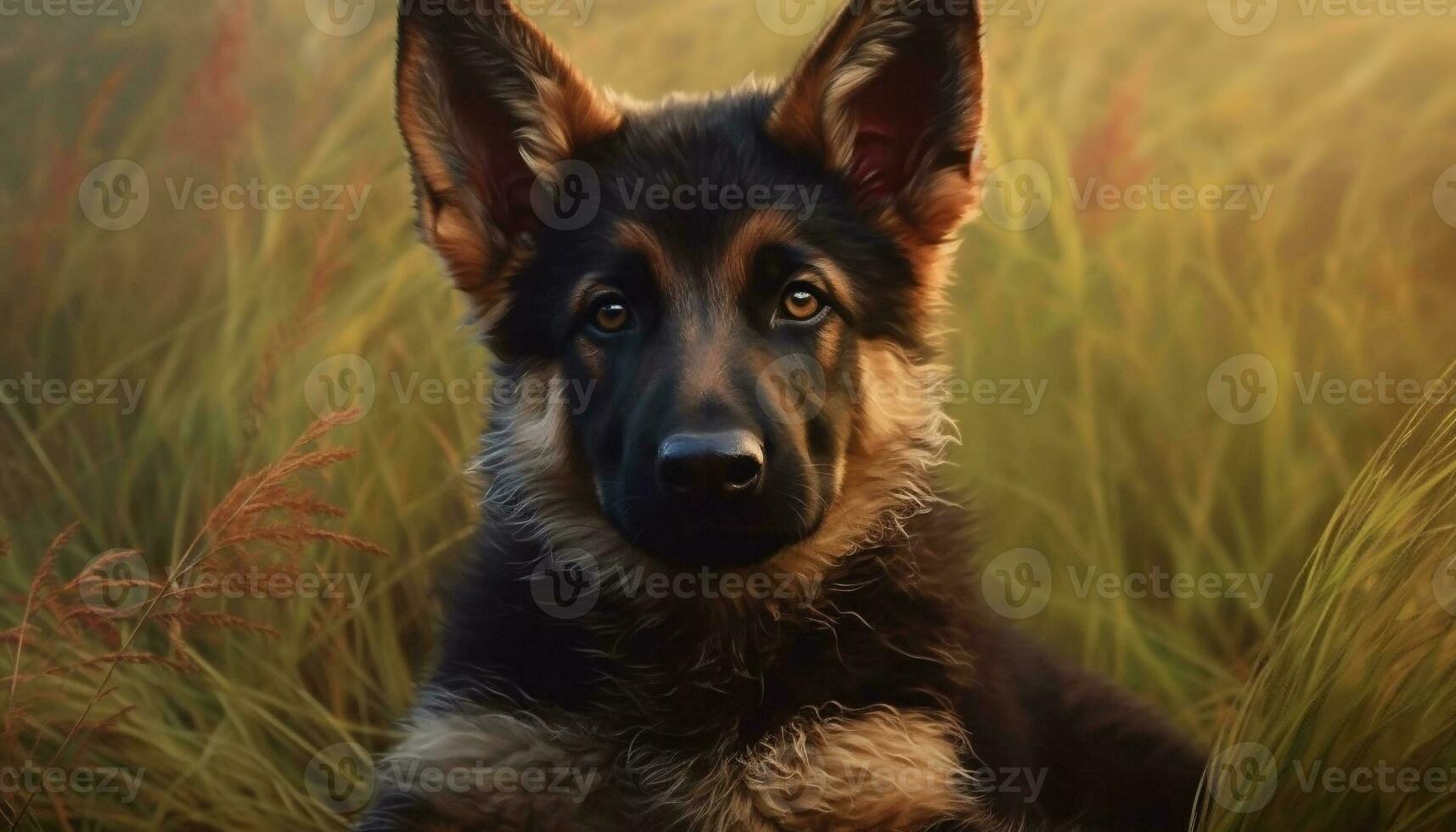 fofa alemão pastor cachorro sentado ao ar livre, olhando às Câmera gerado de ai foto