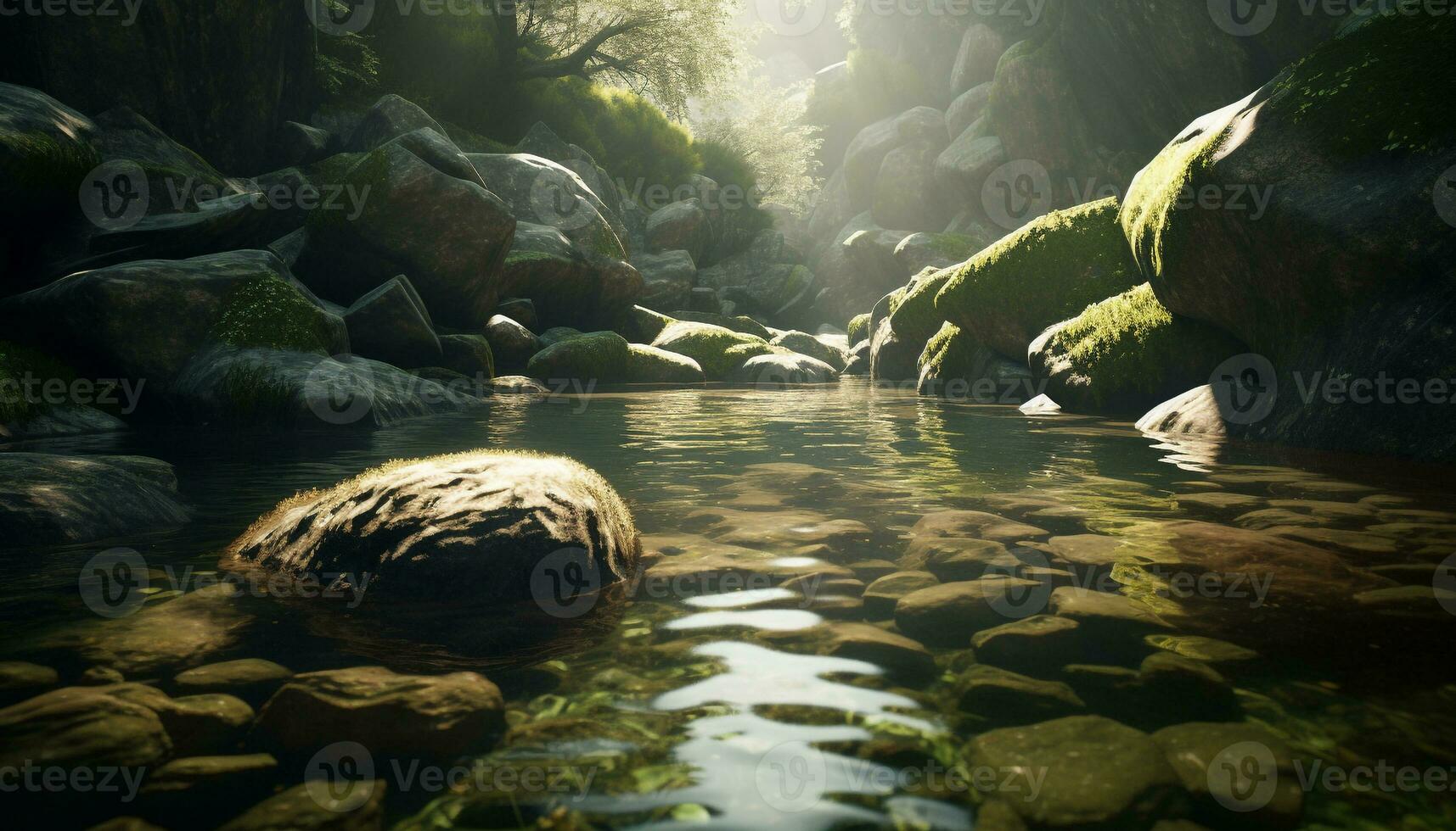 uma tranquilo cena do uma molhado floresta com fluindo água gerado de ai foto