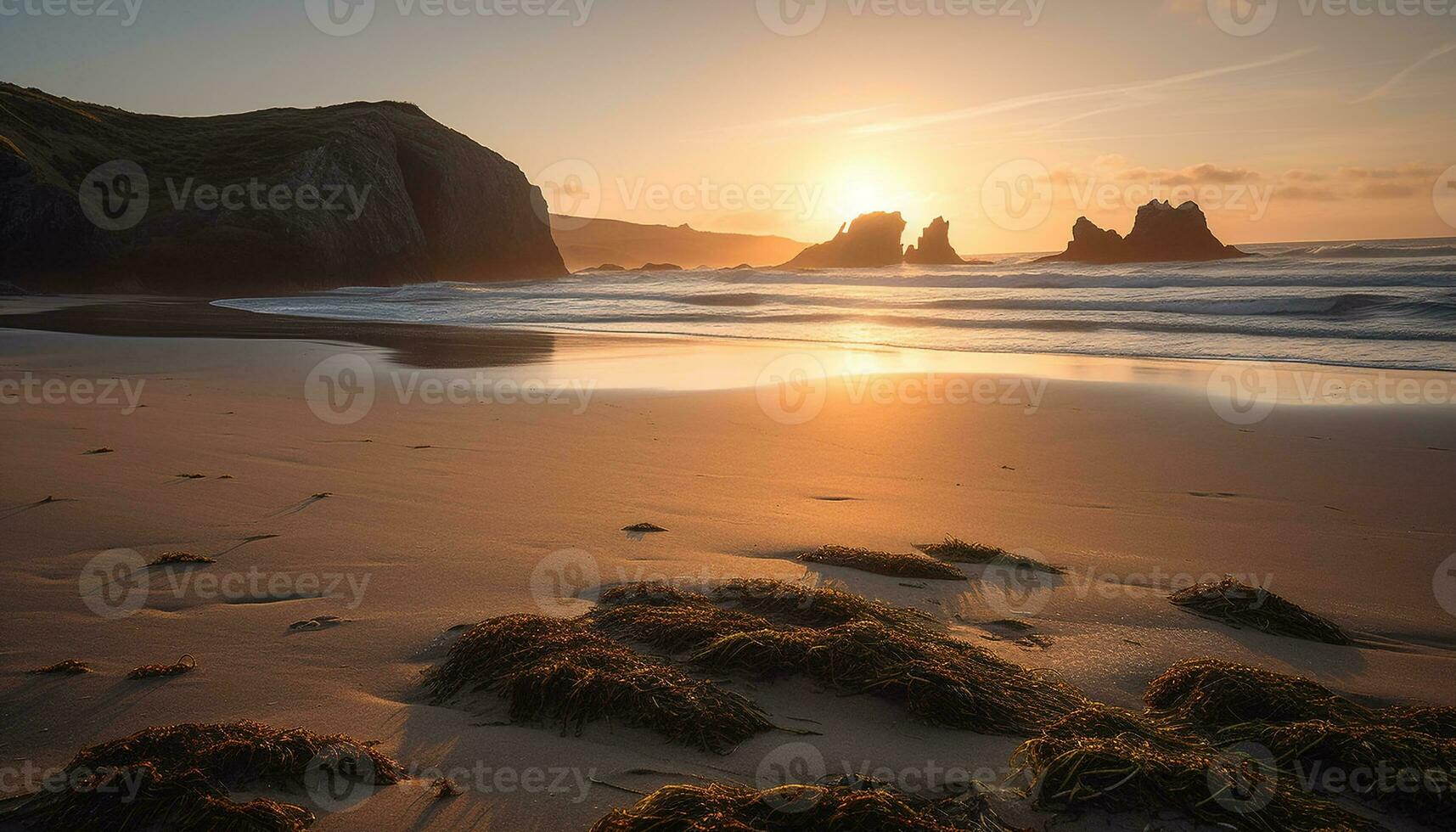 pôr do sol sobre a litoral, uma tranquilo cena do natural beleza gerado de ai foto