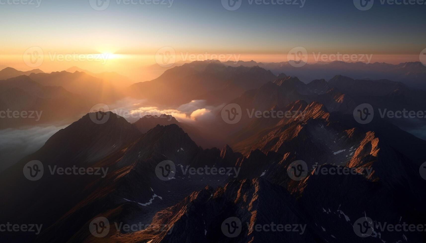 majestoso montanha pico, natureza beleza dentro panorâmico panorama silhueta gerado de ai foto