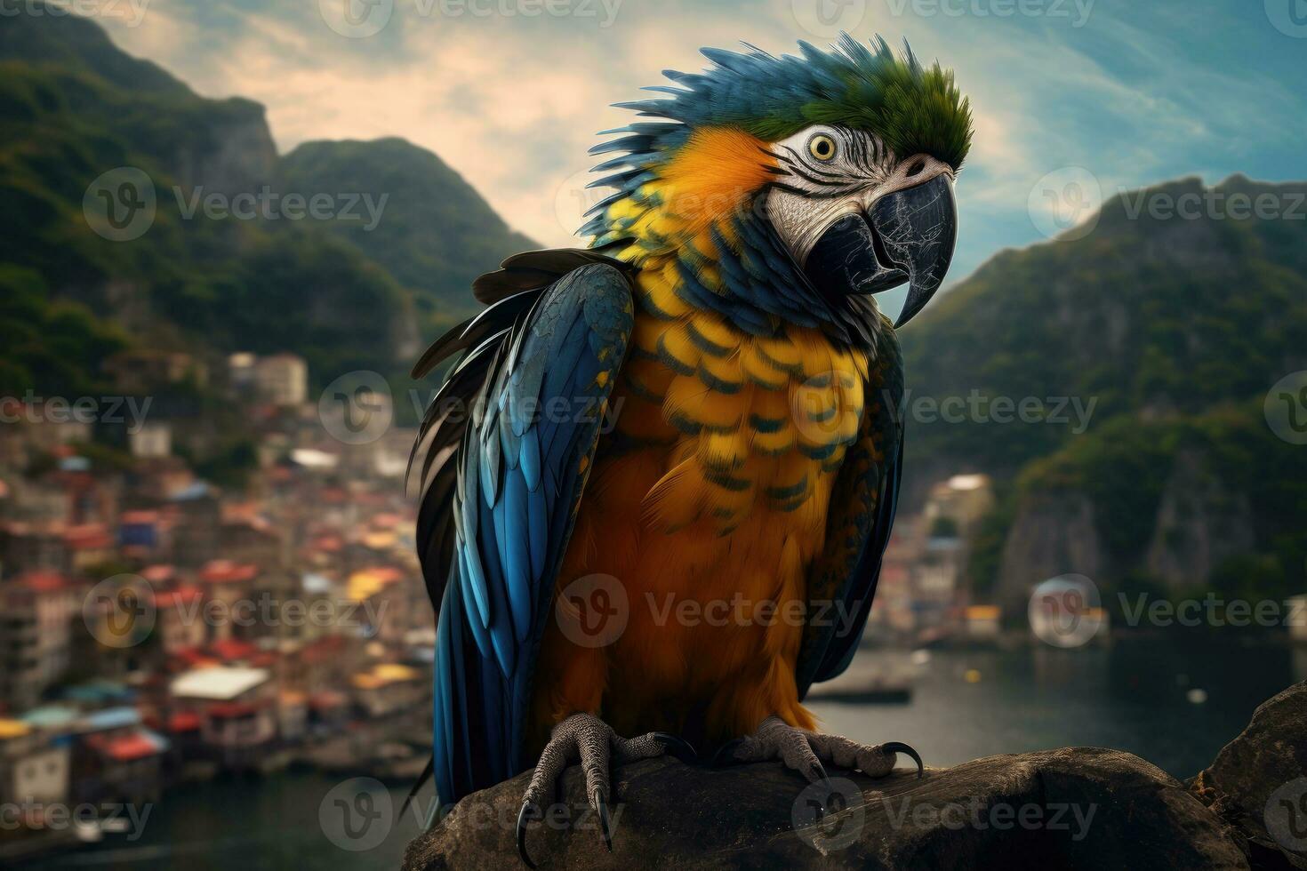 azul e amarelo arara papagaio sentado em uma Rocha em a fundo do a cidade. foto