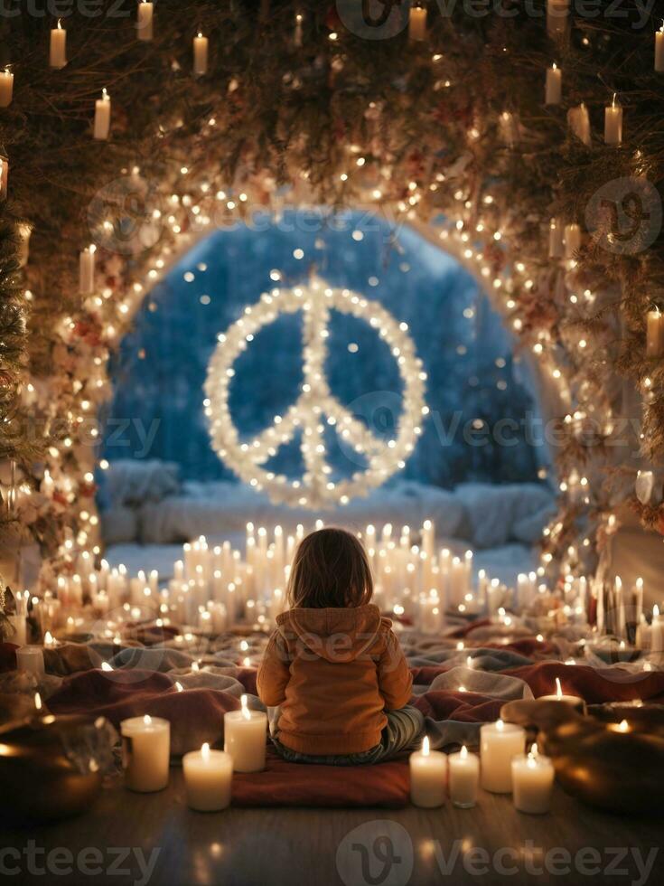 internacional dia do paz, 21 dezembro. uma criança e lá é uma grande Paz símbolo fez do flores ai gerado. foto
