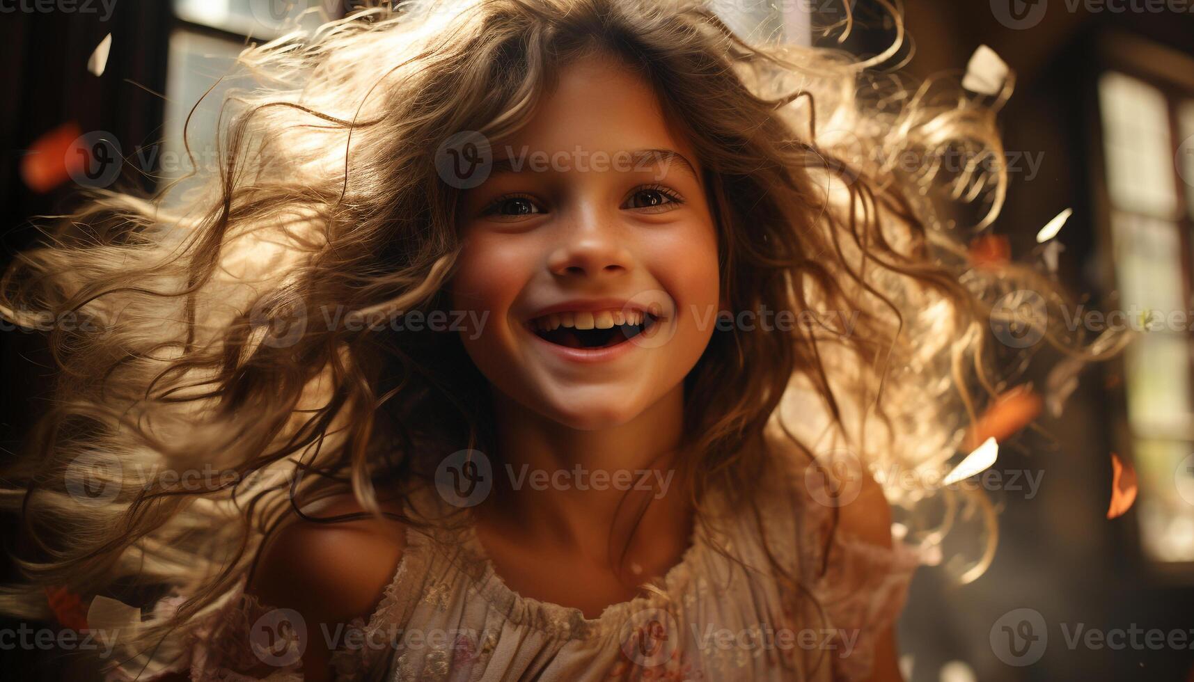 sorridente mulher com grandes Castanho cabelo goza despreocupado verão ao ar livre gerado de ai foto